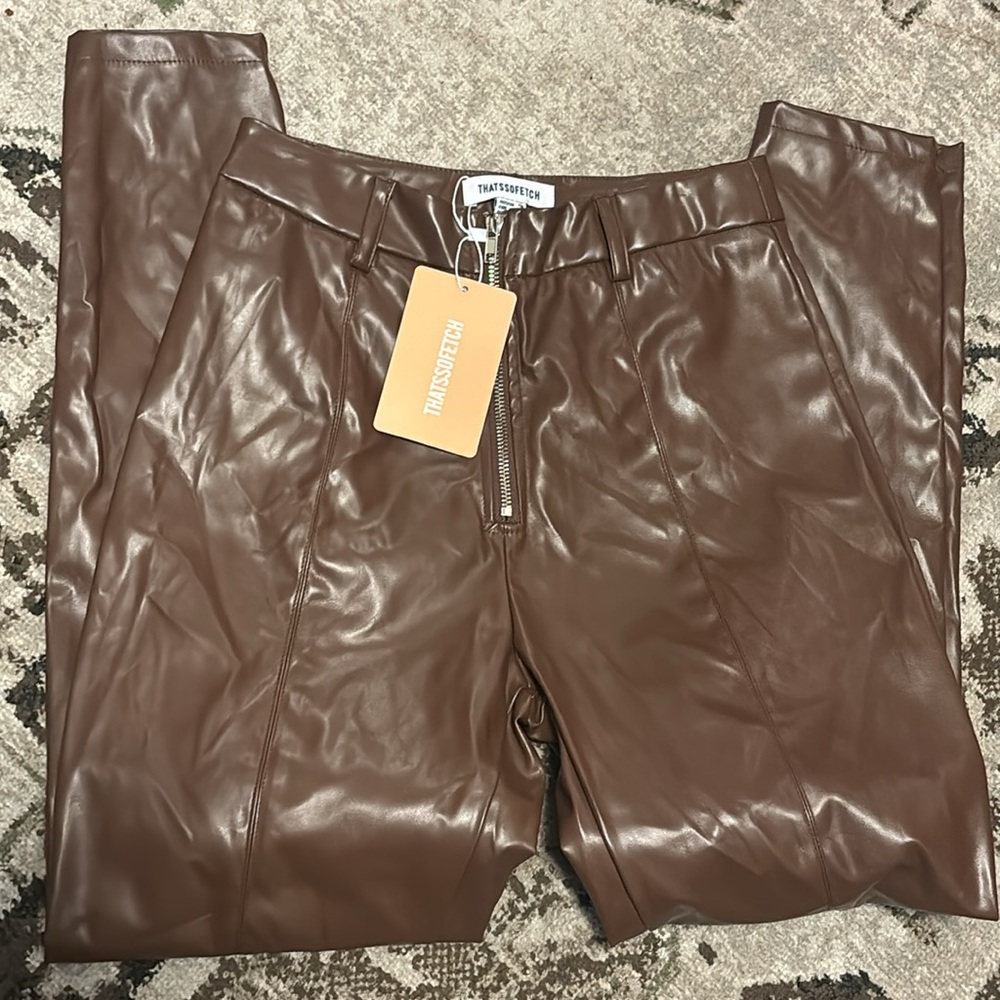 Chocolate brown straight leg vegan leather crop trousers front shiny statement